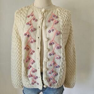 Vintage Best & Company 50s Hand Knitted Wool Sweater Cardigan M? Ivory Pink Blue